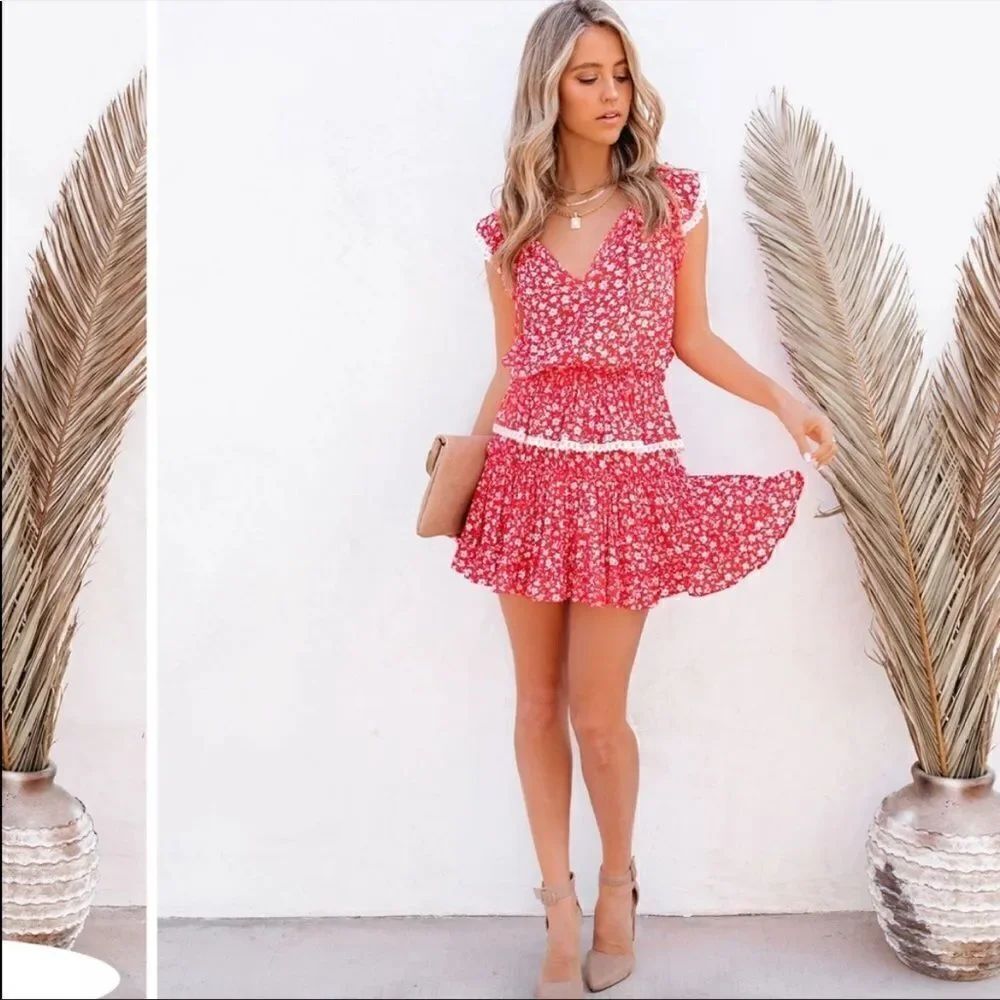 ✨ VICI Red & White Floral Ruffle Mood for Dance Dress✨